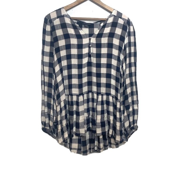 American Eagle Outfitters Tops - American Eagle Tiered Peasant Top Blouse Navy Cream Plaid Viscose Size S NWT $49